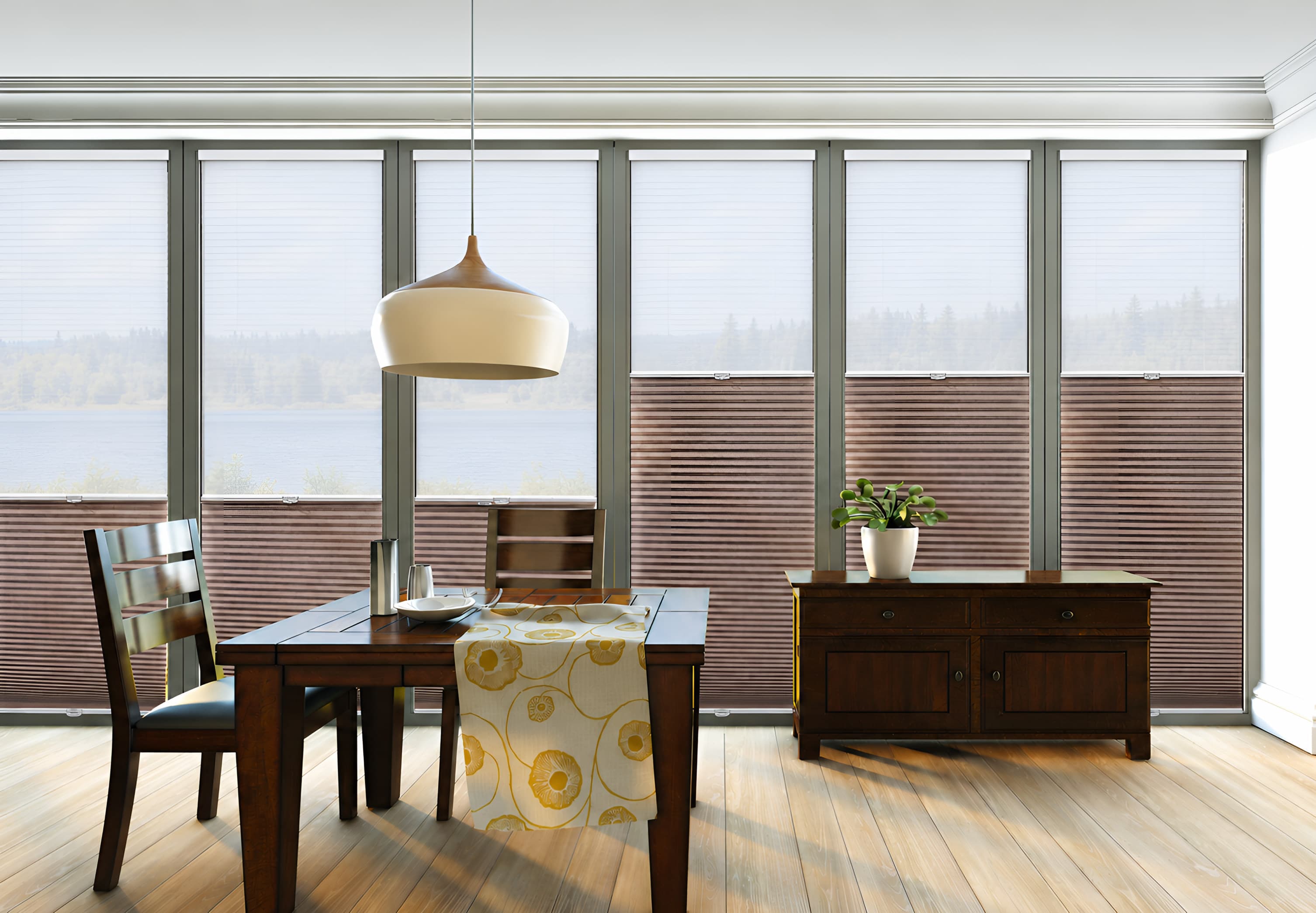 Day & Night Cellaris Honeycomb shades across a wall of dining room windows